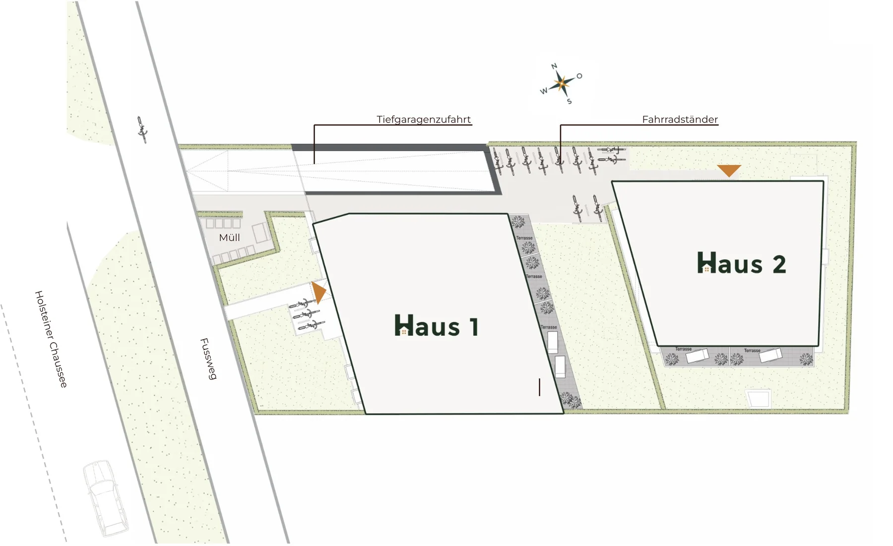 Freiflächenplan: Haus A (Haus 1) an der Holsteiner Chaussee und Haus B (Haus 2) im Garten